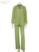 Clacive Casual Loose Home Suit Herbst Langarmbluse mit hoher Wasit Hose Set Damen Elegant Plissee Beige 2 Stück Hose Sets