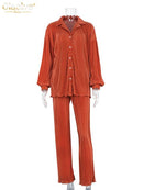 Clacive Casual Loose Home Suit Herbst Langarmbluse mit hoher Wasit Hose Set Damen Elegant Plissee Beige 2 Stück Hose Sets