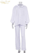 Clacive Casual Loose Home Suit Herbst Langarmbluse mit hoher Wasit Hose Set Damen Elegant Plissee Beige 2 Stück Hose Sets