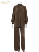 Clacive Casual Loose Home Suit Herbst Langarmbluse mit hoher Wasit Hose Set Damen Elegant Plissee Beige 2 Stück Hose Sets