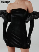 Nsauye 2021 Lange Puffärmel Schulterfrei Herbst Winter Elegante Abendgesellschaft Weiß Schwarz Minikleid Sexy Frauen Kawaii Kleider