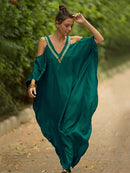 2022 Sexy Kalte Schulter V-Ausschnitt Fledermäuse Ärmel Lose Sommer Strandkleid Plus Größe Frauen Beachwear Kaftan Schwarzes Kleid Q943