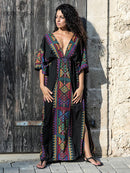 2022 Sexy Kalte Schulter V-Ausschnitt Fledermäuse Ärmel Lose Sommer Strandkleid Plus Größe Frauen Beachwear Kaftan Schwarzes Kleid Q943