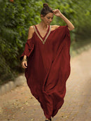 2022 Sexy Kalte Schulter V-Ausschnitt Fledermäuse Ärmel Lose Sommer Strandkleid Plus Größe Frauen Beachwear Kaftan Schwarzes Kleid Q943