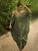 2022 Sexy Kalte Schulter V-Ausschnitt Fledermäuse Ärmel Lose Sommer Strandkleid Plus Größe Frauen Beachwear Kaftan Schwarzes Kleid Q943