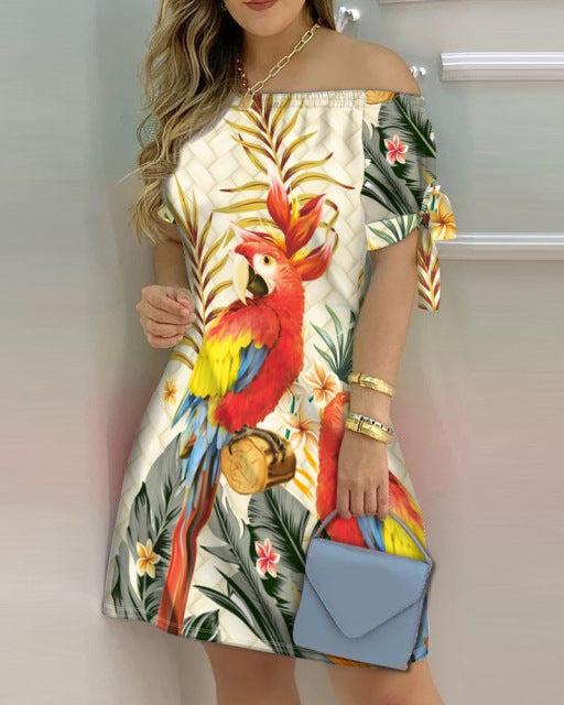 Mini vestido de verano con hombros descubiertos para mujer, Sexy, de manga corta, con lazo, a rayas, con estampado Floral, a la moda, informal, holgado