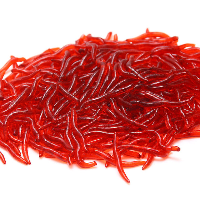 20 piezas-100 piezas gusano rojo realista señuelo suave lombriz verano pesca silicona cebo Artificial pez camarón aditivo carpa bajo
