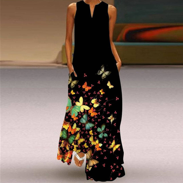 Damen Vintage Bedruckte Kleider Sommer Boho Ärmellos V-Ausschnitt Langes Kleid Damen Casual Elegant Beach Party Maxikleider Vestidos