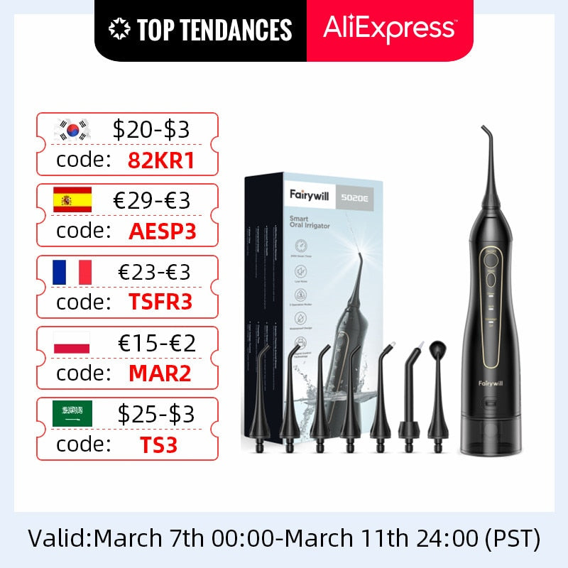 Fairywill Water Flossers for Teeth 300ML Oral Irrigator Rechargeable Portable Dental 3 Modes Water Tank Waterproof Teeth Cleaner