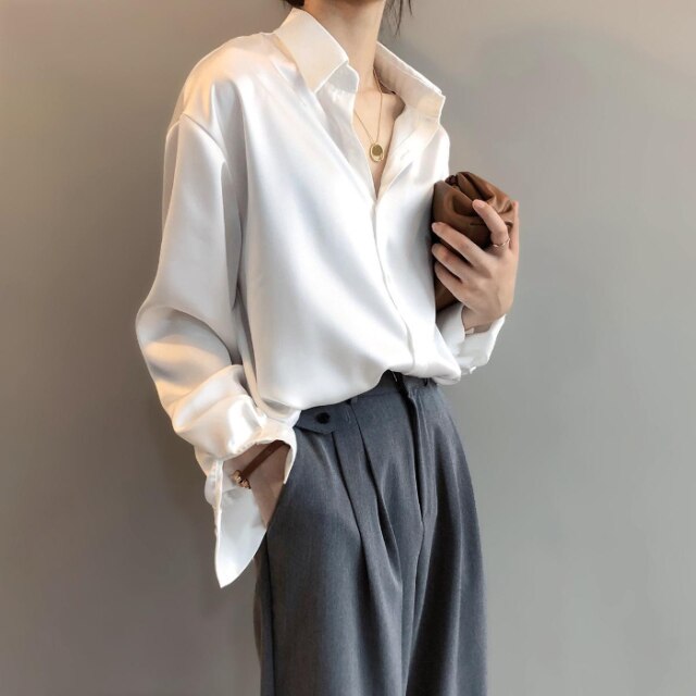 ¡Novedad de otoño 2020! Camisa de seda satinada con botones a la moda, blusa Vintage para mujer, camisas de calle suaves holgadas de manga larga para mujer blanca