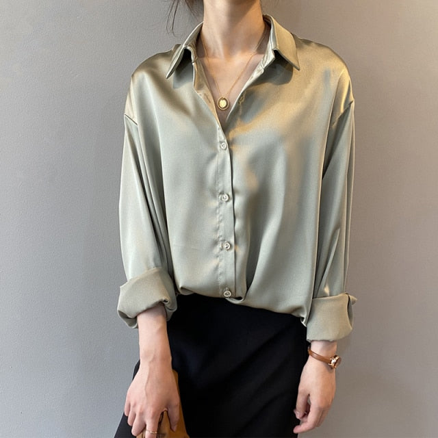 Autumn Fashion Button Up Satin Silk Shirt Vintage Blouse Women White and Blue Lady Long Sleeves Female Loose Street Shirts 11355