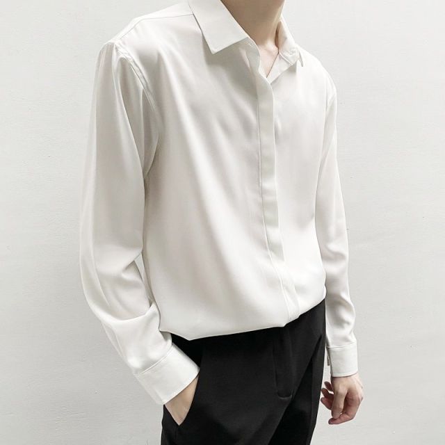 Langarmhemd Herren Seidensatin Harajuku Hemd Einfarbig Schwarz Weiß Button Up Hemden Oversize Vintage Kleidung 2021 Mode