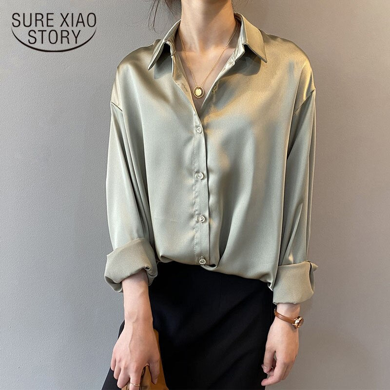 Blusa Vintage para mujer, camisa de seda satinada abotonada a la moda, camisas blancas de manga larga de otoño, Tops, camisa de oficina coreana elegante para mujer 11355