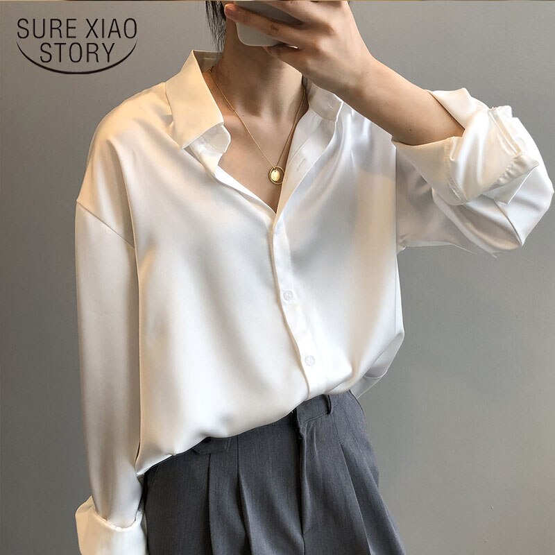 Herbst Mode Button Up Satin Seidenhemd Vintage Bluse Frauen Weiße Dame Lange Ärmel Weibliche Lose Hemden Streetwear 11355