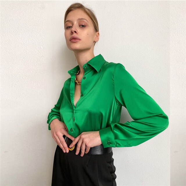 Camisa de satén para mujer, blusa de oficina con cuello Polo para mujer, camisa de seda verde azul Vintage, camisas holgadas con botones hacia arriba, Tops negros de moda