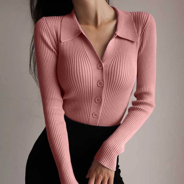 Women 2022 New Lapel Slim Slimming Tops Ladies Hollow Buttons Sexy V Neck Long Sleeve POLO Neck Knit Cardigan Sweater Women