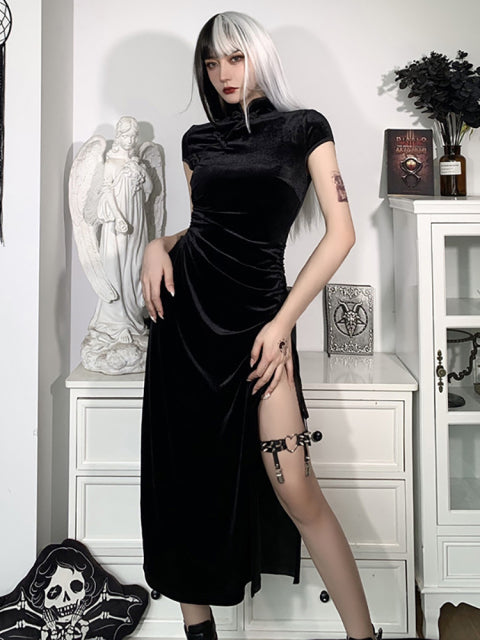 Goth Dark Romantic Gothic Velvet Estética Vestidos Vintage Mujeres Negro Vendaje SlitHem Bodycon Vestido Sexy Ropa de noche Cheongsam