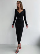 InstaHot Elegantes Party-Frauen-Kleid, schmal, V-Ausschnitt, langärmlig, mittellanges Bleistiftkleid, 2020, lässig, Bürodame, solide, rote Puffärmel