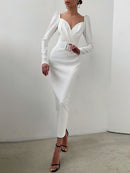 InstaHot Elegantes Party-Frauen-Kleid, schmal, V-Ausschnitt, langärmlig, mittellanges Bleistiftkleid, 2020, lässig, Bürodame, solide, rote Puffärmel