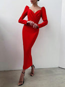 InstaHot Elegantes Party-Frauen-Kleid, schmal, V-Ausschnitt, langärmlig, mittellanges Bleistiftkleid, 2020, lässig, Bürodame, solide, rote Puffärmel