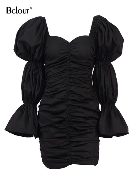 Bclout negro Puff manga Chic lápiz vestido 2021 mujer plisado cuello cuadrado Sexy vestidos cortos elegante fiesta Delgado poliéster bata