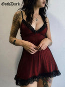 Gothic Dark Lace Patchwork Mall Gothic Damen Kleider Grunge Ästhetisch Punk A-Linie Alt Kleidung Emo Sexy Vneck Sling Partywear Kleid