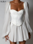 KLALIEN Damenmode Elegant Hohe Taille Schlank Festes Weißes Büro Dame A-Linie Minikleid 2022 Frühling Herbst Neue Frauen Partykleid