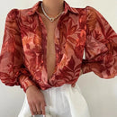 Spring Fashion Women Shirt Lantern Long Sleeves Casual Solid Color Printed Slim Buttons V Neck Blouse Commute High Street Shirts