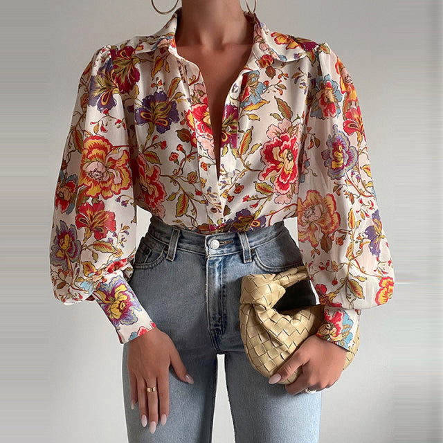 Primavera moda mujer camisa linterna manga larga Casual Color sólido impreso botones delgados cuello en V blusa conmutar High Street camisas