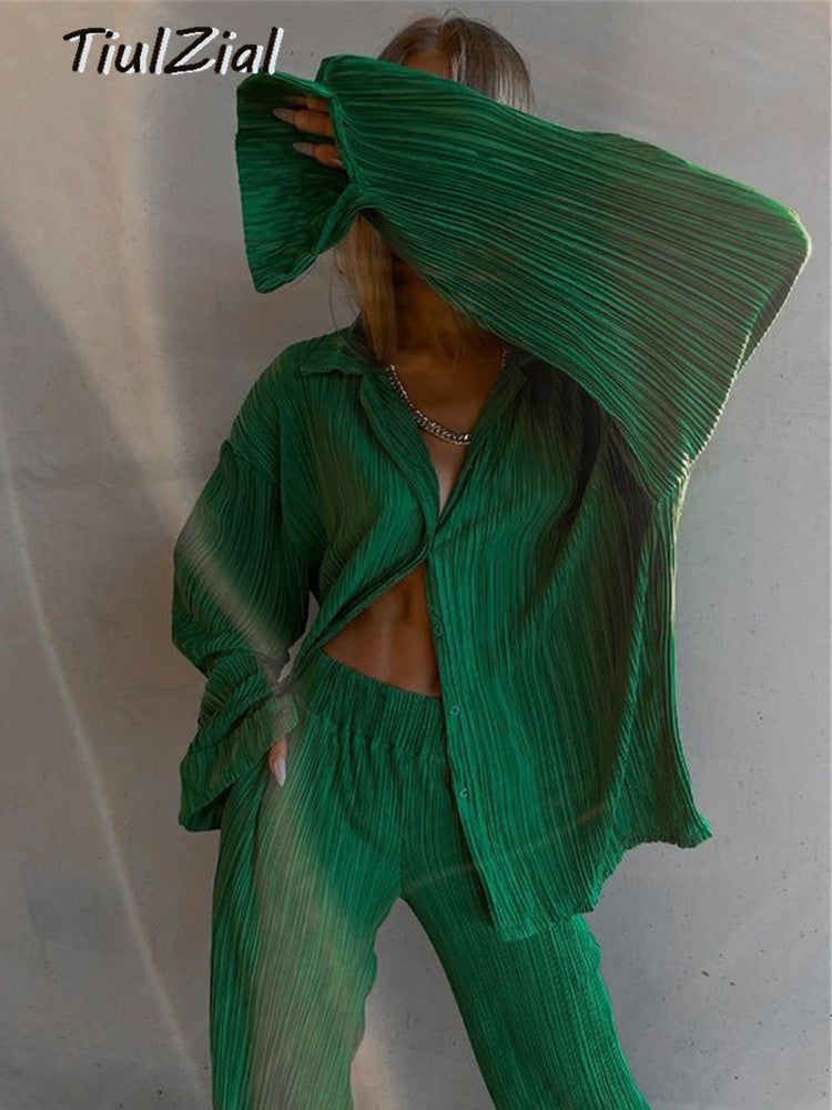TiulZial plisado Y2K, pantalones rectos de cintura alta, pantalones largos de verano para mujer, pantalón capris de pierna ancha, parte inferior, verde, Plisse
