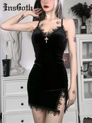 InsGoth Gothic Dark Cross Schwarzes Minikleid Vintage Sexy Spaghettiträger Hohe Taille Schlitzkleider Goth Party Club Damenkleid