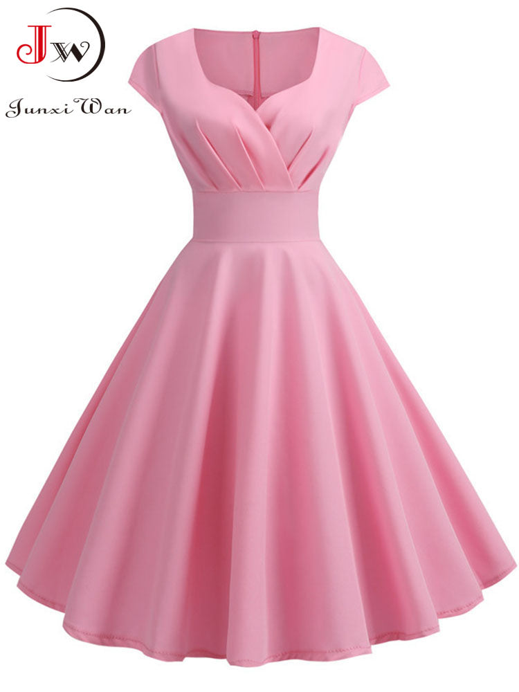 Rosa Sommerkleid Damen V-Ausschnitt Big Swing Vintage Kleid Robe Femme Elegant Retro Pin Up Party Büro Midi Kleider