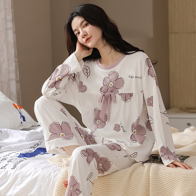 Pijama de salón para dormir para mujer de primavera y otoño, conjunto de pijama de manga larga para mujer, pijama de dibujos animados, ropa de dormir de algodón, moda ML XL XXL XXXL