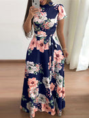 Vestido largo de verano para mujer 2022 Casual manga larga bohemio estampado Floral Maxi vestido cuello alto vendaje elegante Vestidos de fiesta Vestidos
