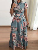 Vestido largo de verano para mujer 2022 Casual manga larga bohemio estampado Floral Maxi vestido cuello alto vendaje elegante Vestidos de fiesta Vestidos