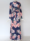 Vestido largo de verano para mujer 2022 Casual manga larga bohemio estampado Floral Maxi vestido cuello alto vendaje elegante Vestidos de fiesta Vestidos