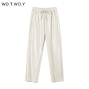 WOTWOY Hohe Taille Gespleißt Lose Lederhose Frauen Herbst Solide Kordelzug PU Lederhose Frauen Gerade Hosen Weiblich 2021