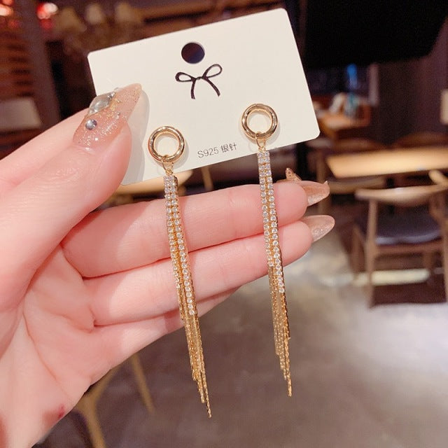 Pendientes de gota de borla larga con barra de arco brillante Vintage coreano para mujer, joyería de moda geométrica dorada, Pendientes colgantes de lujo