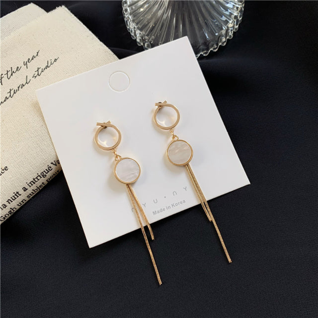 Korean Vintage Glossy Arc Bar Long Tassel Drop Earrings for Women Gold Geometric Fashion Jewelry Luxury Hanging Pendientes
