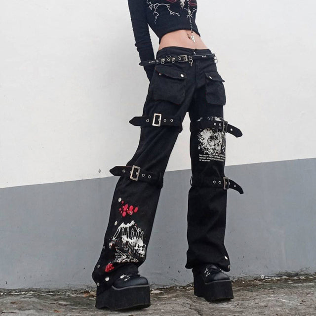 Pantalones góticos Emo Alt Cargo Techwear Hippie Baggy Jeans Mom Goth Punk pantalones vaqueros negros Cyber ​​Y2k pantalones académicos ropa oscura