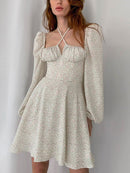 NewAsia Blumenkleid Frauen Laterne Langarm Geraffter Druck A-Linie Quadratischer Ausschnitt Binden Mini Vestidos Sexy Chic Sommer Strandkleid