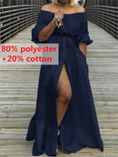 Damen Kleid 2022 Celmia Sommer High Split Weiß Langes Sommerkleid Sexy Hohe Taille Maxi Roben Dreiviertel Ärmel Party Vestidos