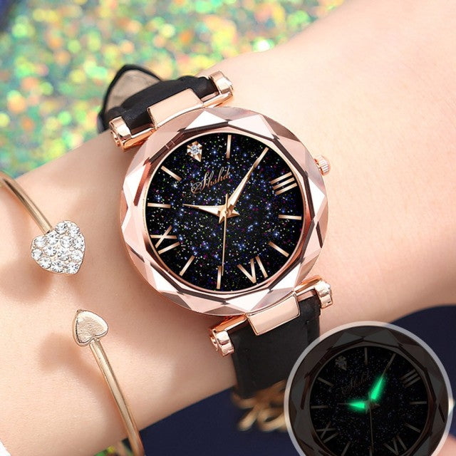 Reloj de mujer con estrellas a la moda 2022, reloj luminoso encantador con correa esmerilada de punto pequeño, punteado con escala romana, informal de lujo para mujer