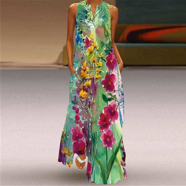 Summer Women Fashion Printed Flowers Sleeveless Casual Dress Sundress Ladies Elegant Party Vintage Peacock feather Long Dresses