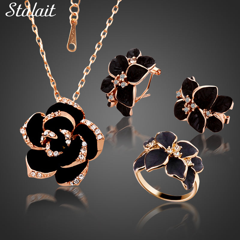 Mode Rose Blume Emaille Schmuck Set Rose Gold Farbe Schwarz Malerei Brautschmuck Sets für Frauen Hochzeit 82606