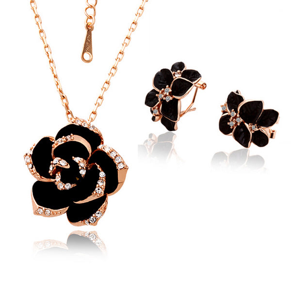 Mode Rose Blume Emaille Schmuck Set Rose Gold Farbe Schwarz Malerei Brautschmuck Sets für Frauen Hochzeit 82606