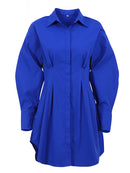 Mnealways18 Frühling Sommer Figurbetontes Kleid Frauen Khaki Langarm Plissee Hemdkleid Büro Damen Festes Revers Lässige Minikleider