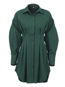 Mnealways18 Frühling Sommer Figurbetontes Kleid Frauen Khaki Langarm Plissee Hemdkleid Büro Damen Festes Revers Lässige Minikleider