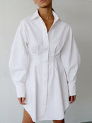 Mnealways18 Frühling Sommer Figurbetontes Kleid Frauen Khaki Langarm Plissee Hemdkleid Büro Damen Festes Revers Lässige Minikleider