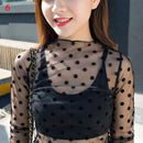 Fashion Brand New Hot Sexy Langarm Durchsichtig Netz Fischnetz Casual Top T-Shirt Sheer Black Lace Star Dots Tops Frauen 2022